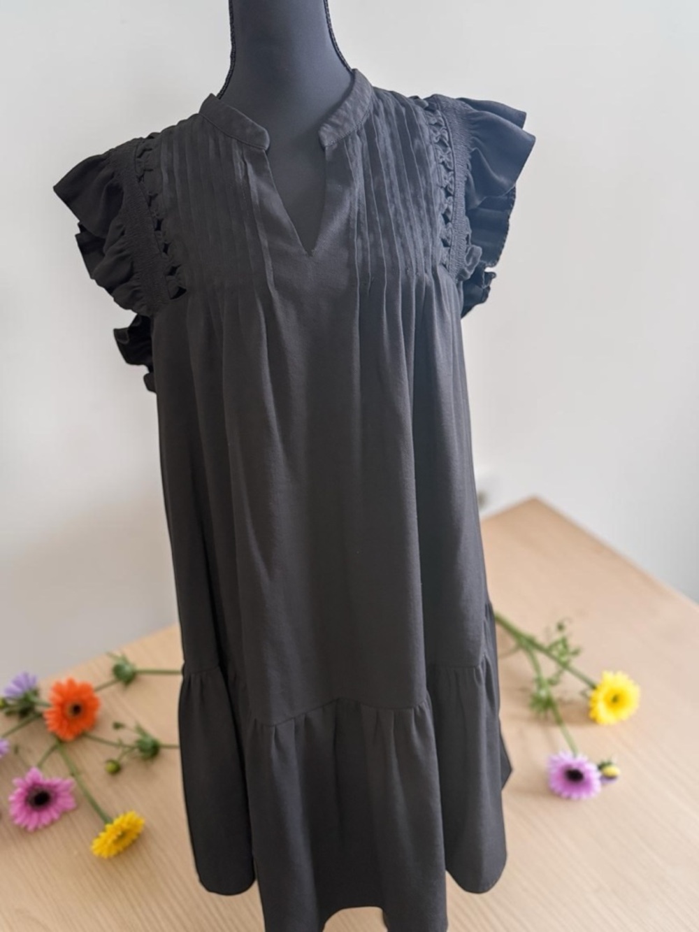 VOY Black Ruffle Sleeve Mini Dress Size Medium Flowy Boho Tiered Babydoll